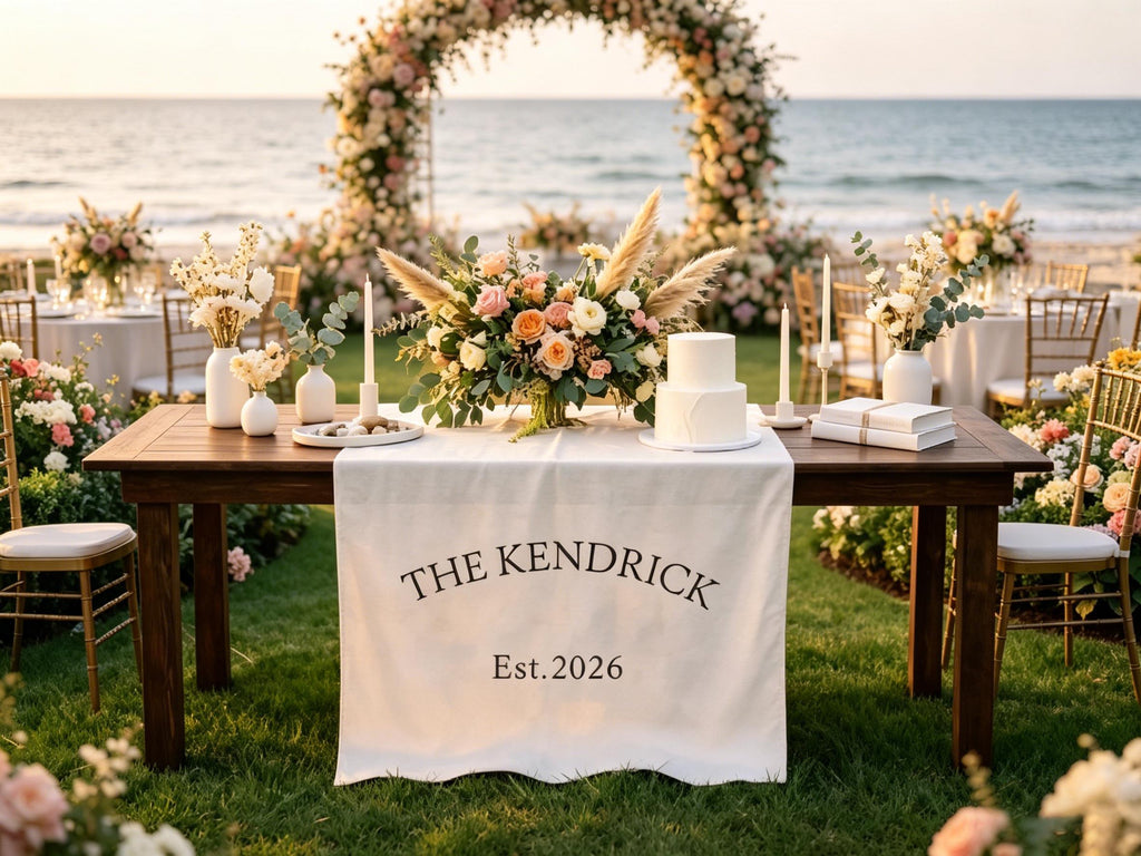 Custom Linen Last Name Sign Wedding Runner Sweetheart Table Decors, Personalized Family Name Wedding Decor, Linen Table Runner Gifts for Her