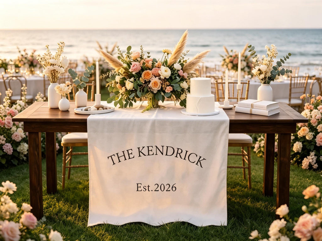 Custom Linen Last Name Sign Wedding Runner Sweetheart Table Decors, Personalized Family Name Wedding Decor, Linen Table Runner Gifts for Her